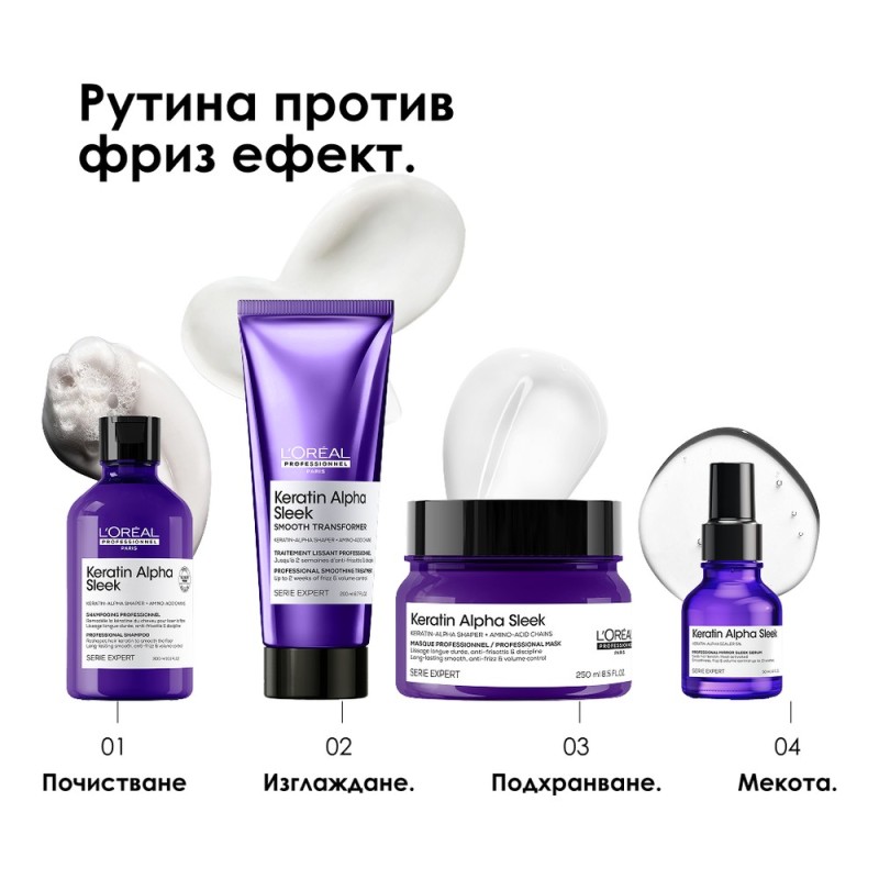 Keratin Alpha Sleek - Шампоан за изглаждане на непокорна коса - 300 ml Keratin Alpha Sleek - Шампоан за изглаждане на непокорна коса - 300 ml